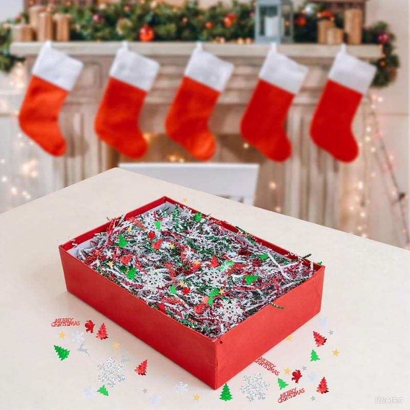 CIPOWM 16oz Christmas Crinkle Cut Paper Shred, 3 Colors Red Green White Paper Shred Filler with Christmas Confetti Shredded Paper Grass for Gift Wrapping Craft DIY Gift Bag Box Filling Party Supply - Image 5